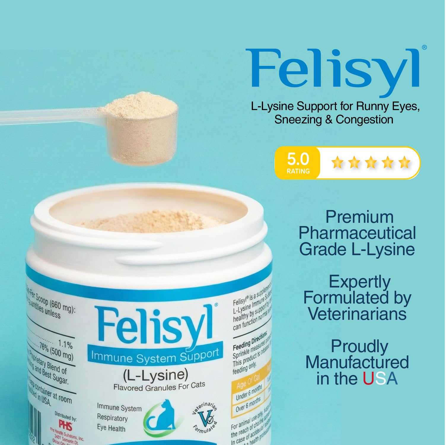 Felisyl L-Lysine Granules for Cats 100g (3.5 oz, 151 Servings) – Supports Immune, Respiratory, and Eye Health. Eases Sneezing, Runny Nose, and Watery Eyes. Tasty Salmon Flavor - Made in The USA — Amazon image 3