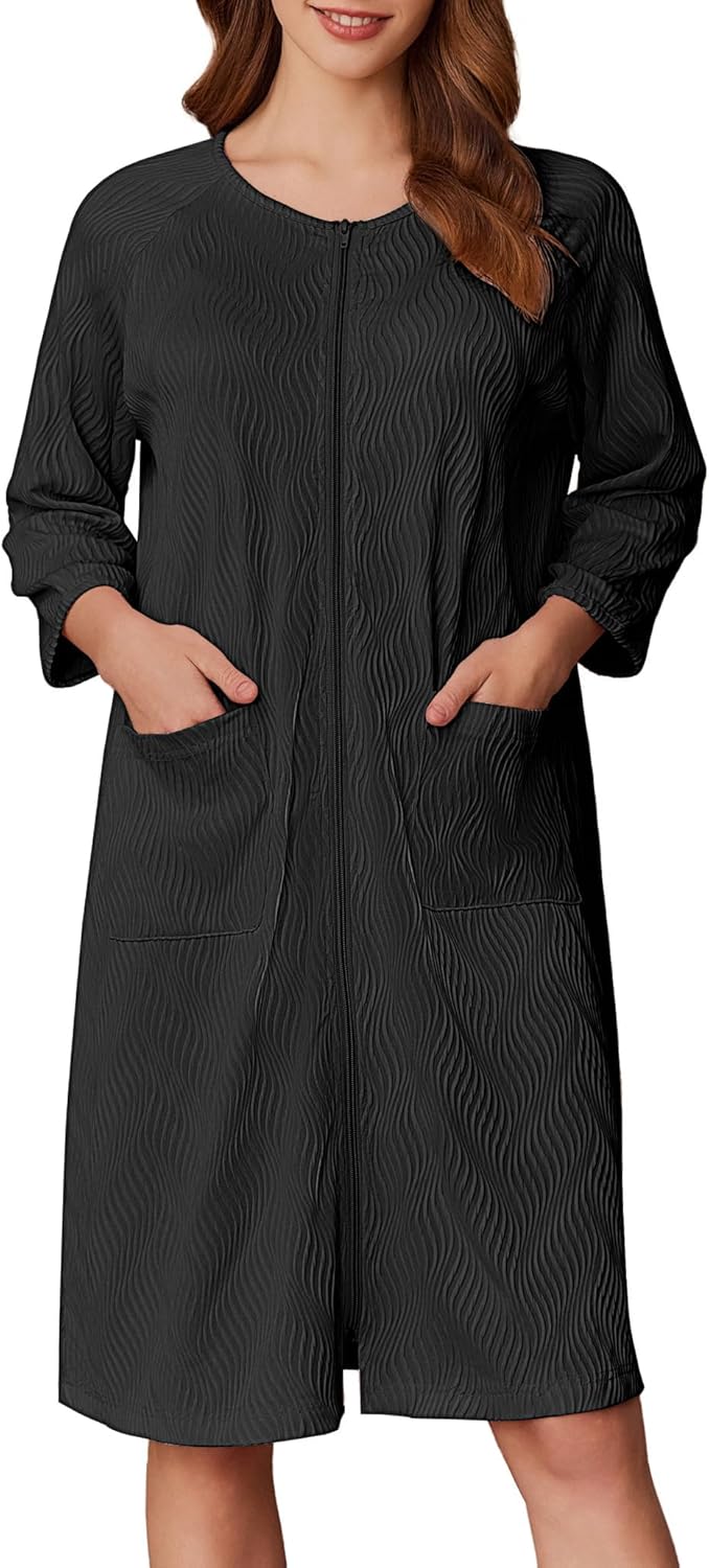 Ekouaer Women Zipper Robes 3/4 Sleeve Ribbed Knit Bathrobe Lightweight Knee Length Loungewear Housecoat with Pockets S-3XL