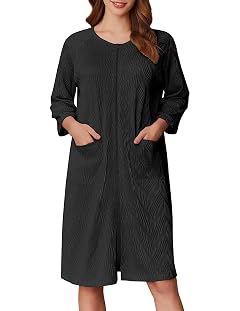 Ekouaer Women Zipper Robes 3 4 Sleeve Ribbed Knit Bathrobe Lightweight Knee Length Loungewear Housecoat with Pockets S-3XL