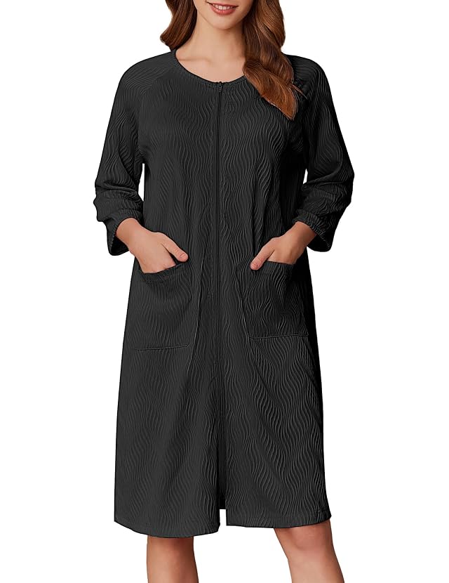 Ekouaer Women Zipper Robes 3 4 Sleeve Ribbed Knit Bathrobe Lightweight Knee Length Loungewear Housecoat with Pockets S-3XL