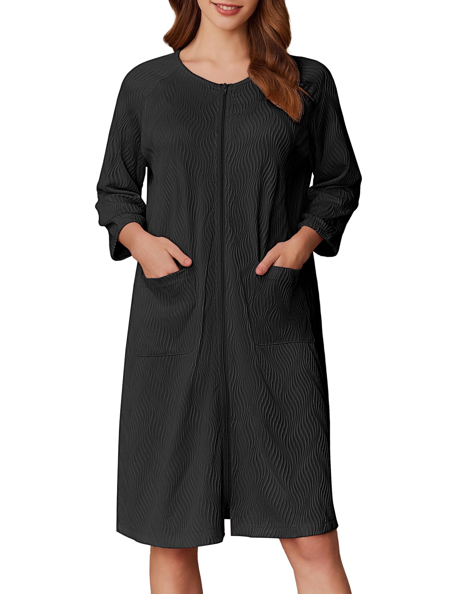 Ekouaer Women Zipper Robes 3 4 Sleeve Ribbed Knit Bathrobe Lightweight Knee Length Loungewear Housecoat with Pockets S-3XL