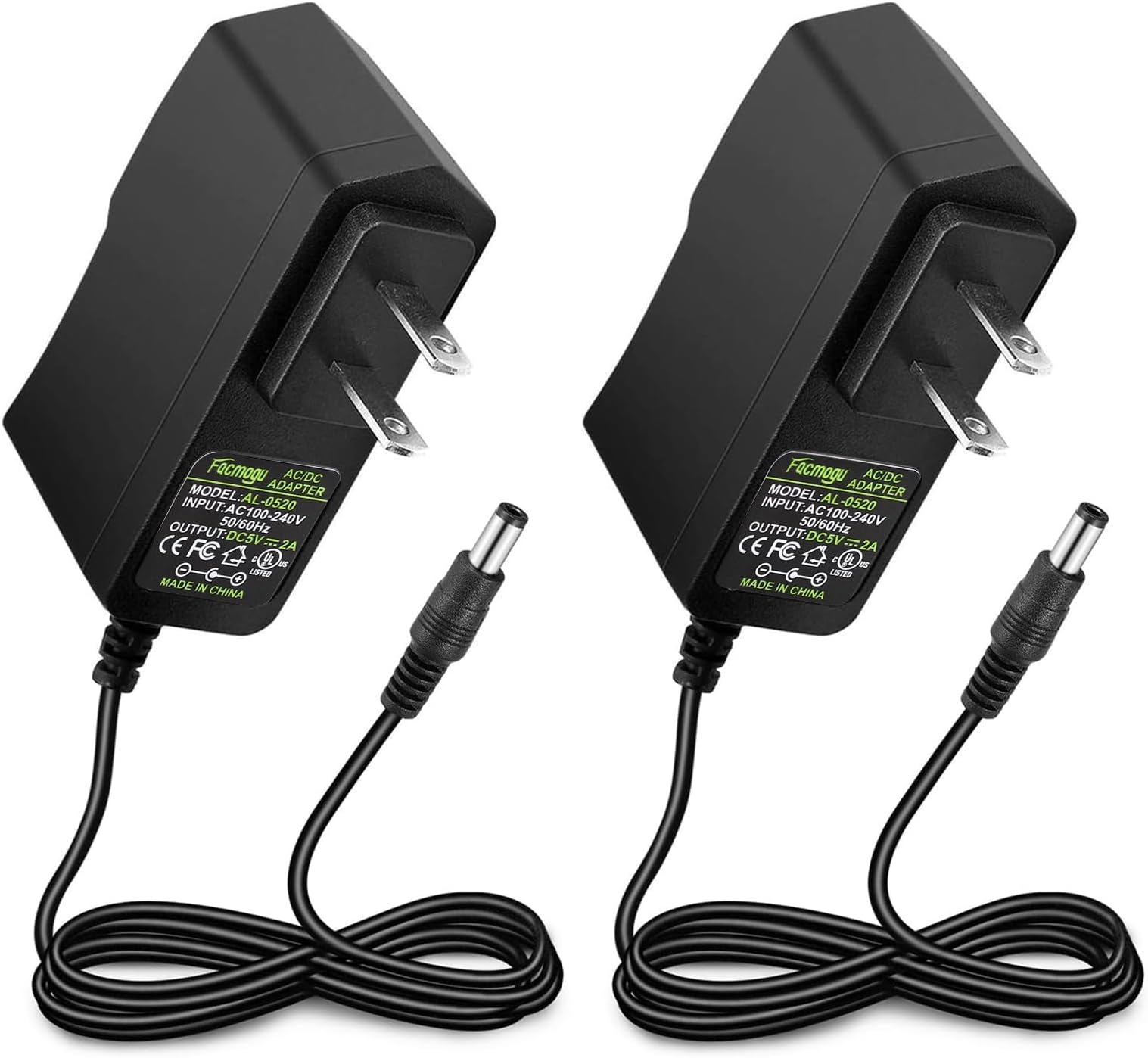 Facmogu 2 Pack DC 5V 2A Power Adapter, AC 100-240V to DC 5V 2A 10W Power Supply Transformers, 5.5 x 2.5mm Jack Also Compatible with 5.5x2.1mm Socket