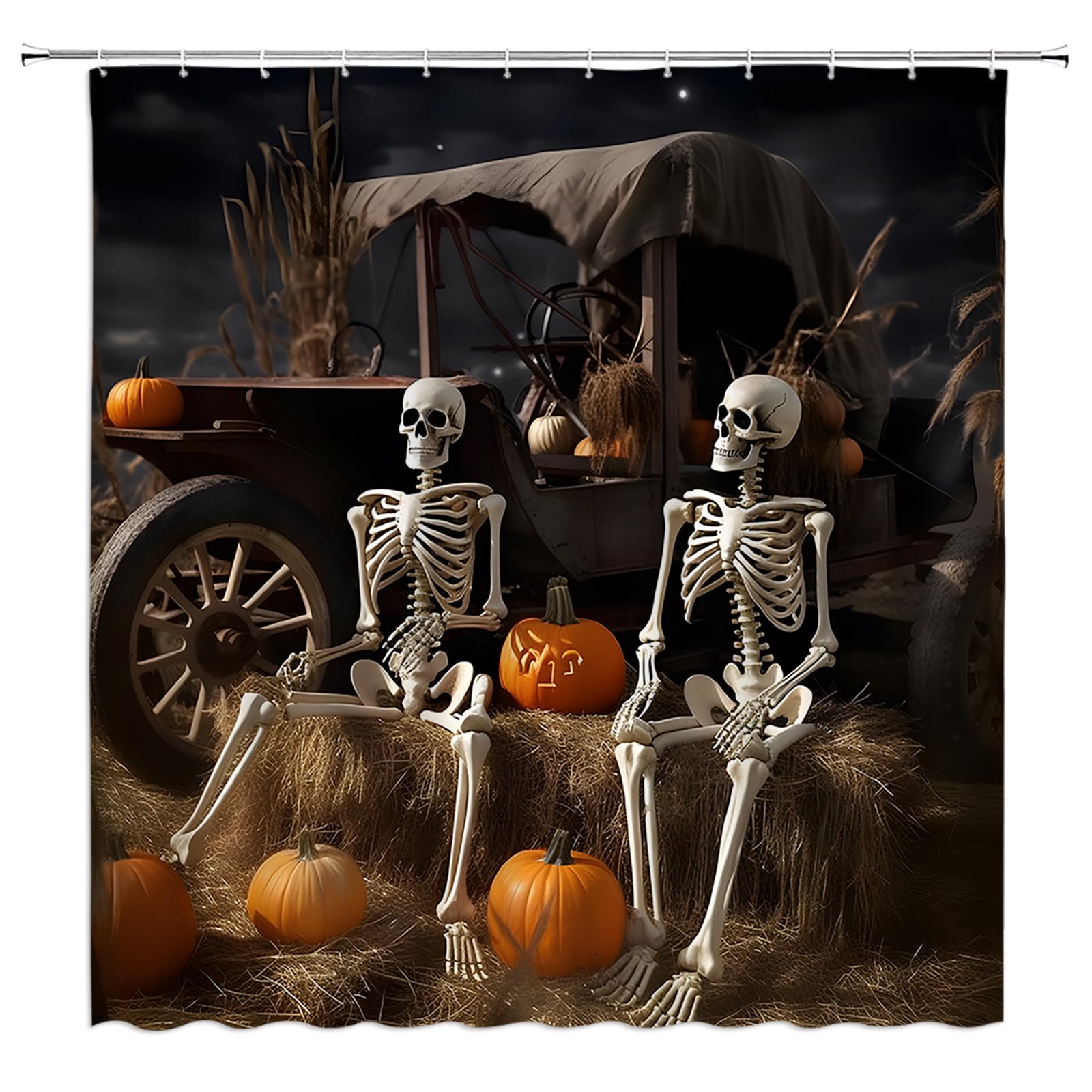 Halloween-Duschvorhang Set - Gruselmotiv Mit Kürbis, Fledermaus & Skelett, 183x183 Cm, Wasserabweisend