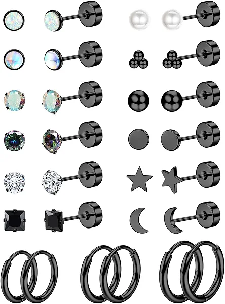 Jstyle Hypoallergenic Flat Back Stud Earrings for Women Men Surgical Stainless Steel Earrings for Sensitive Ears Small Stud Hoop Silver Gold Black Earrings Cartilage Earring Set for Multiple Piercing