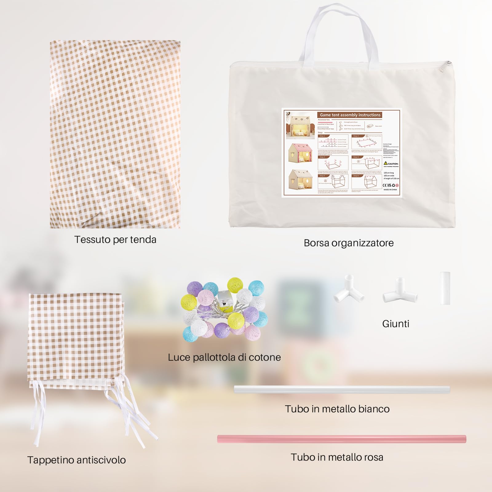 FUNYKICH Tenda per Bambini,Tenda per Bambini da Gioco con Struttura in Metallo,IncludeTappetino Antiscivolo,Luci e Borsa Organizzatore,Casetta Multifunzione per Interni/Esterni,120x100x130 cm