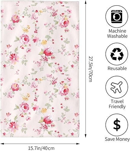 Miniatura 2 de SUPLUCHOM Toalla de mano con flores rosas y flores elegantes para baño, cocina, toallas de baño de microfibra de 16 x 27.5 pulgadas, suave,