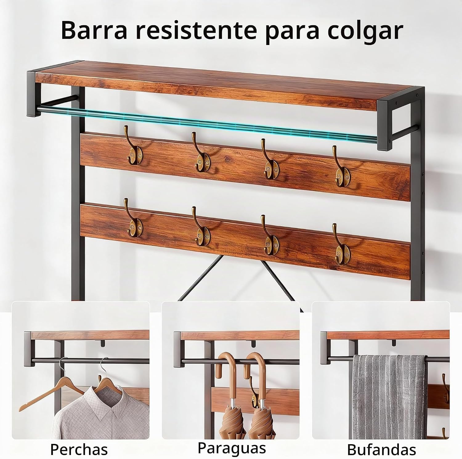 Perchero multifunción, mueble recibidor vintage con banco,ganchos