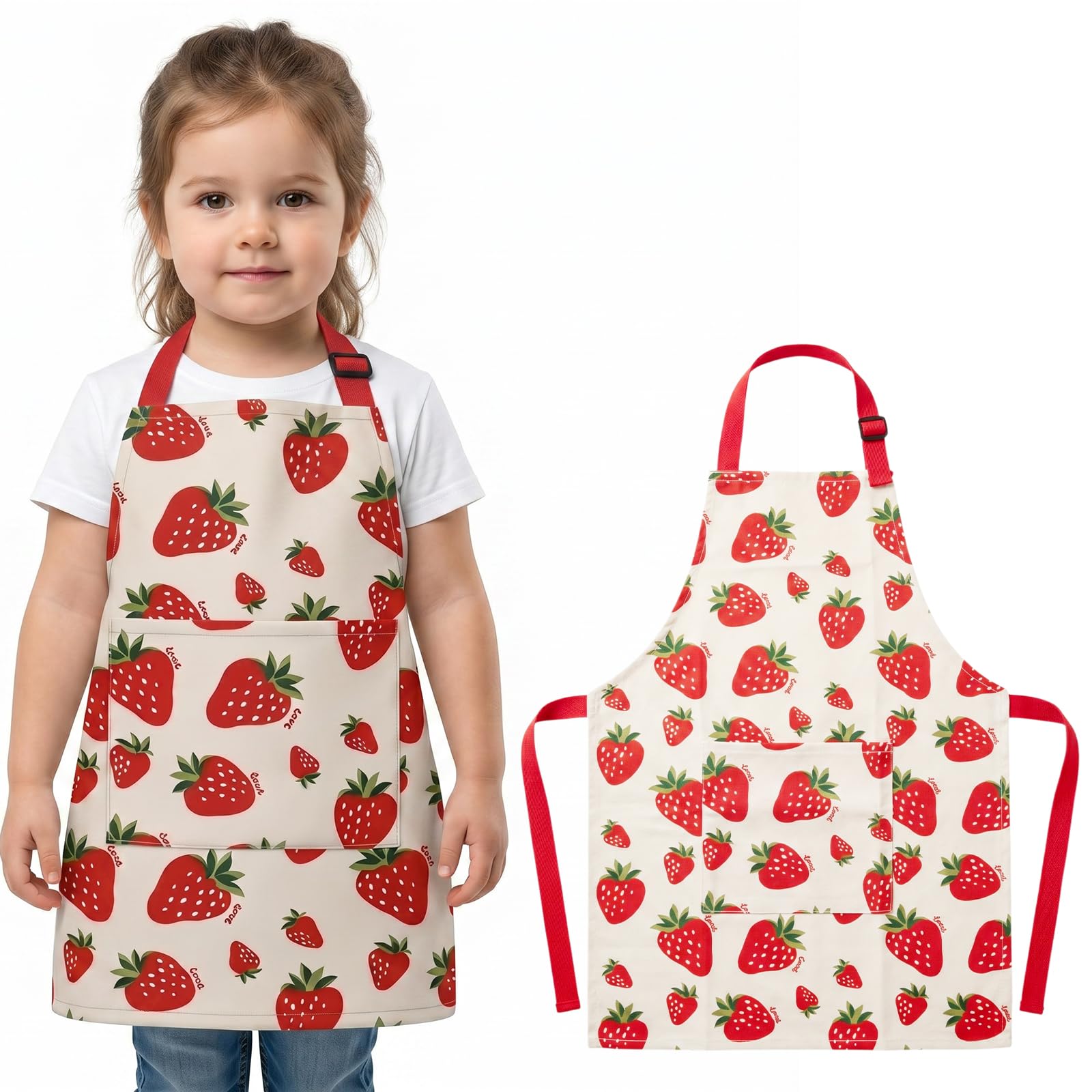 Zirax Kids Apron for Girls and Boys, Toddler Apron with Strawberry Print and Pockets, Childrens Cooking Apron for Baking Painting Crafting Gardening, Cute Kids Painting Apron