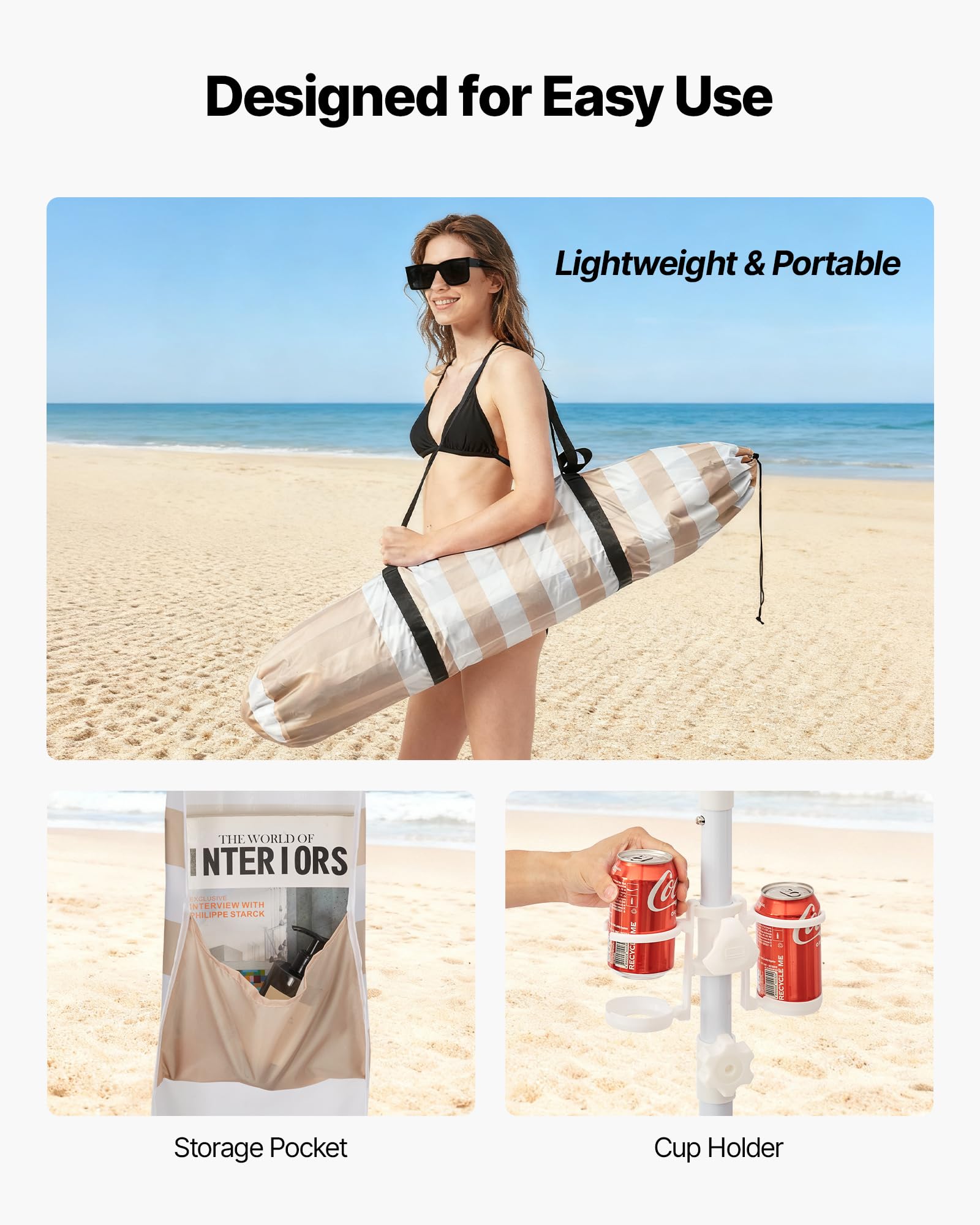 VEVOR Cabaña de Playa de 2,4 x 2,4 m, con Pared Lateral, Protección Solar UPF 50+, Incluye Sacos de Arena, Altura Ajustable y Portátil, Ideal para Toda la Familia y Amigos, Rayas Caqui y Blanco