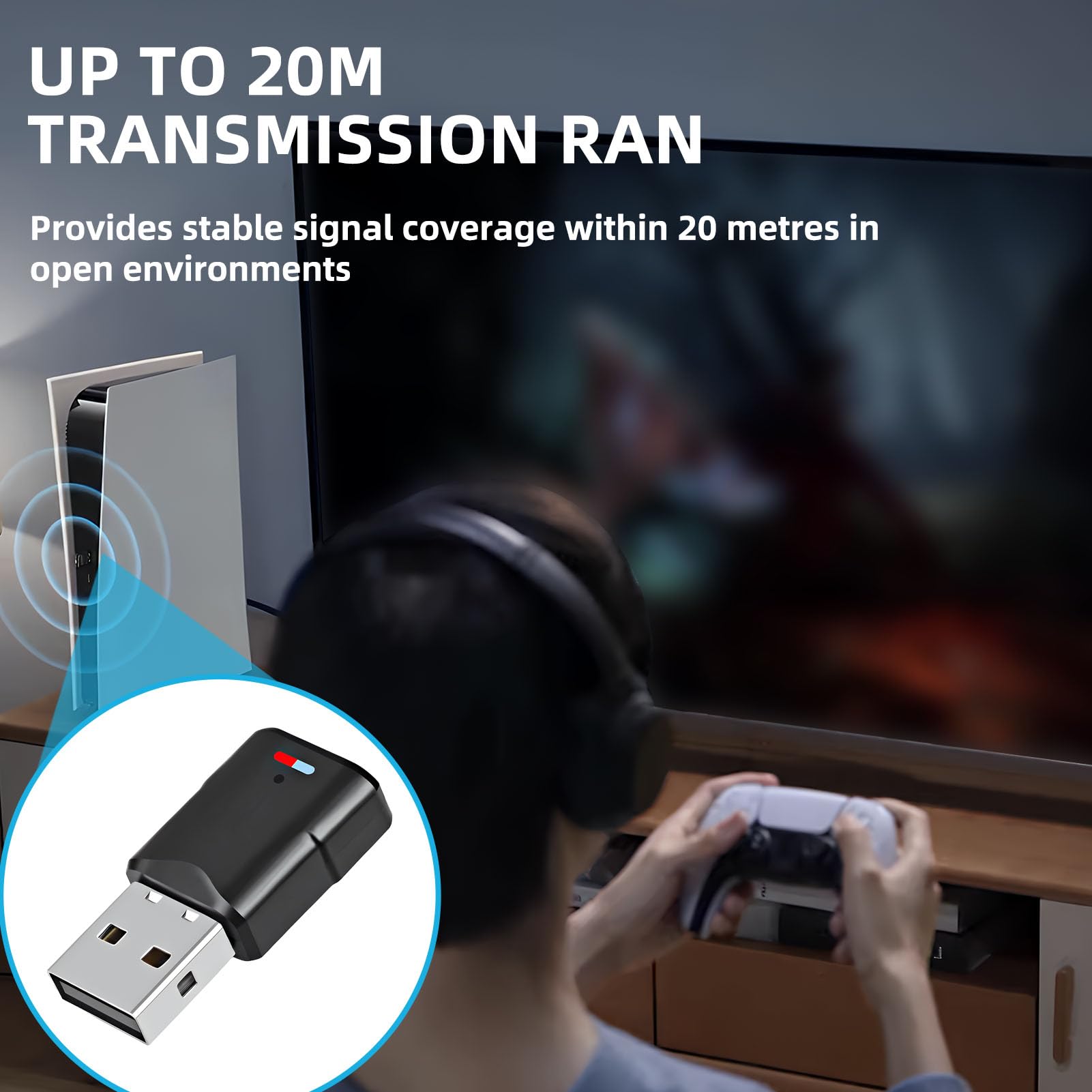 Adaptador Bluetooth USB 5.3 para PS5 PS4 PC Switch,3 Mbit/S Bluetooth Transmisor Receptor Audio Inalámbrico de Baja Latencia,Dongle Dual Link Plug and Play,Compatible con Window Macos Altavoce Casco