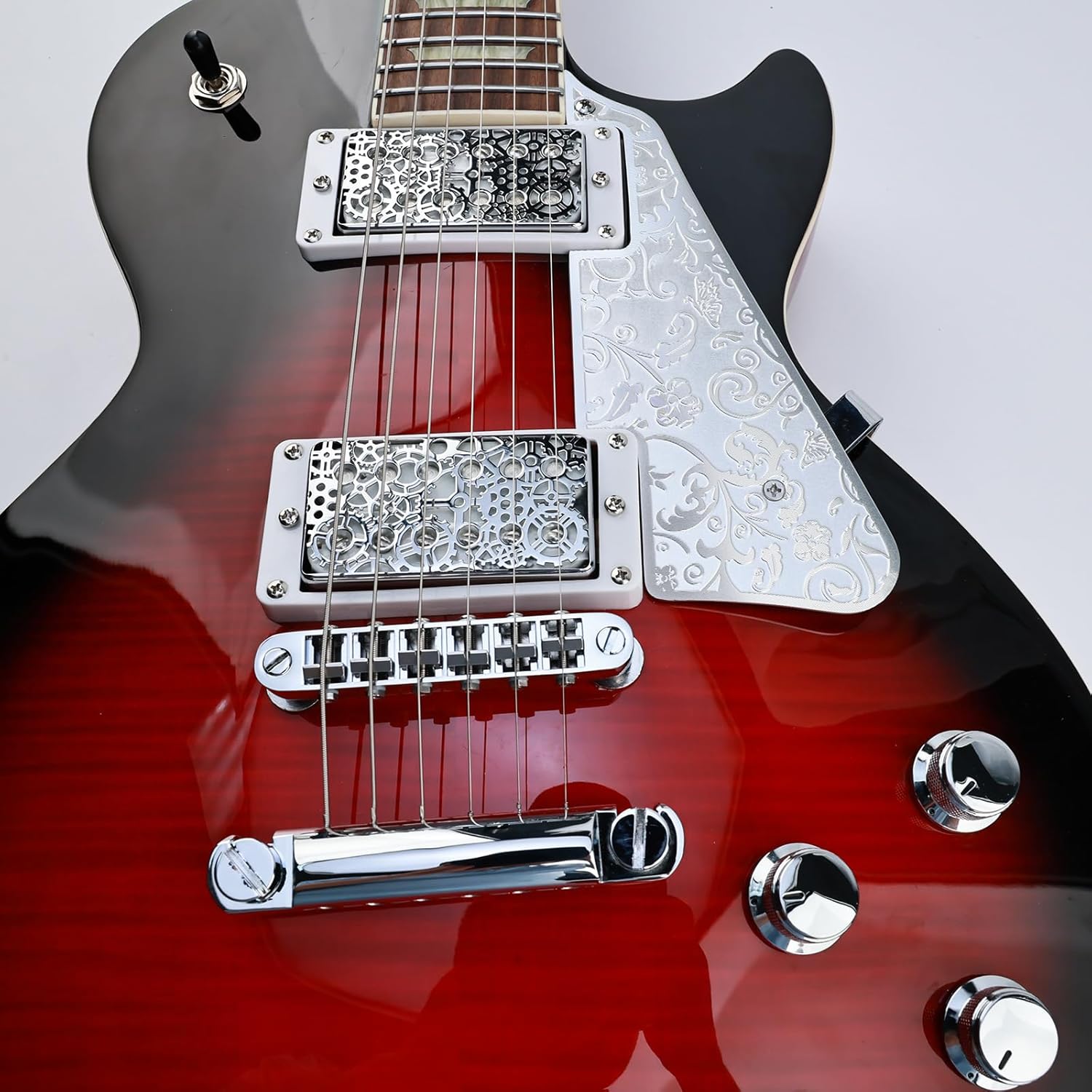 Aluminum Alloy LP Pick Guard Scratch Plate 2-Hole Mount Engraved Metal Electric Guitar Pickguard Compatible with Epiphone Epi Les Paul Style Guitar Replacement Parts(Chrome)