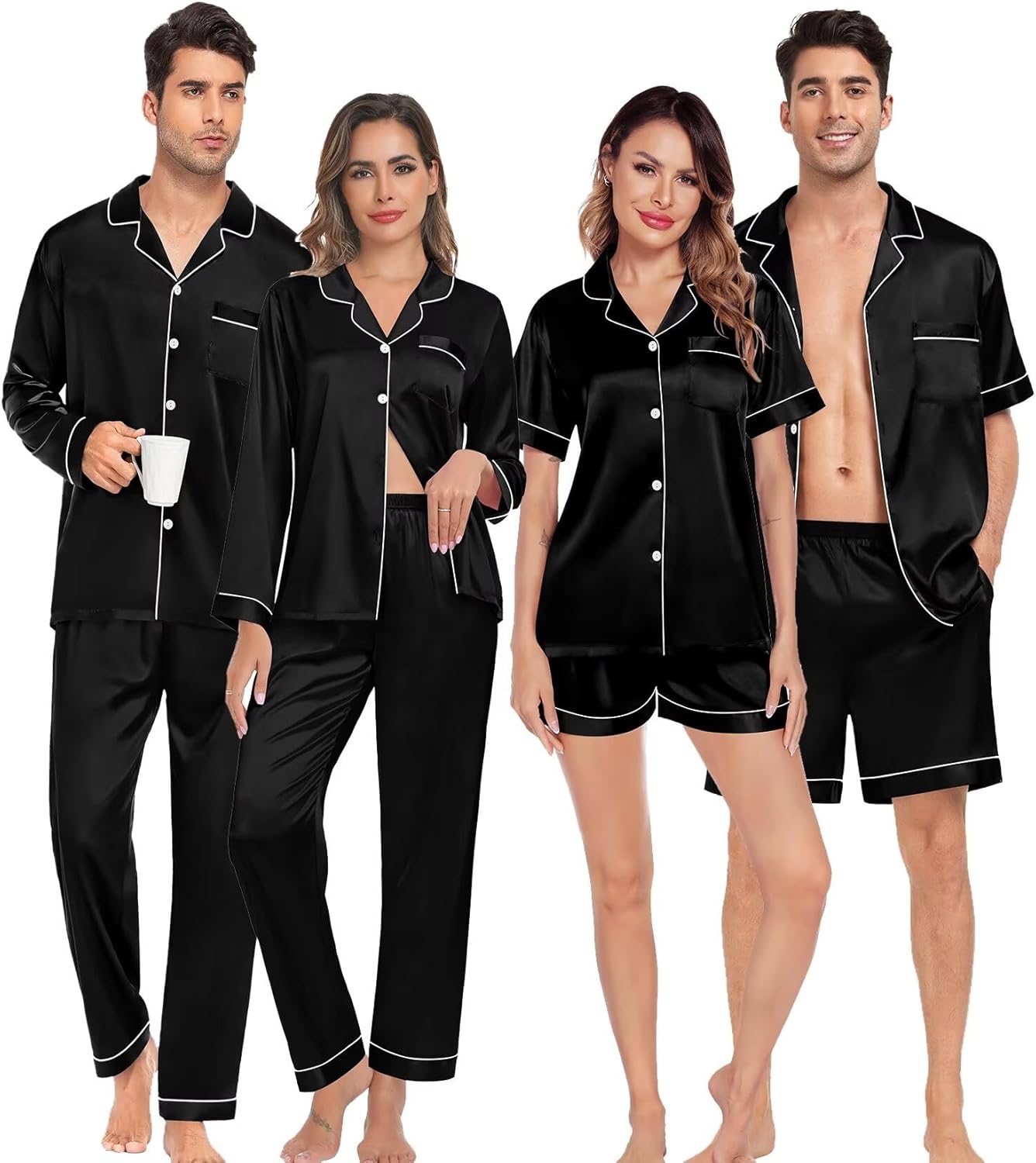SWOMOG Matching Pajamas Sets for Couples 4 Pcs Silk Satin Pjs Sets Women & Men Button-Down Sleepwear Soft Loungewear