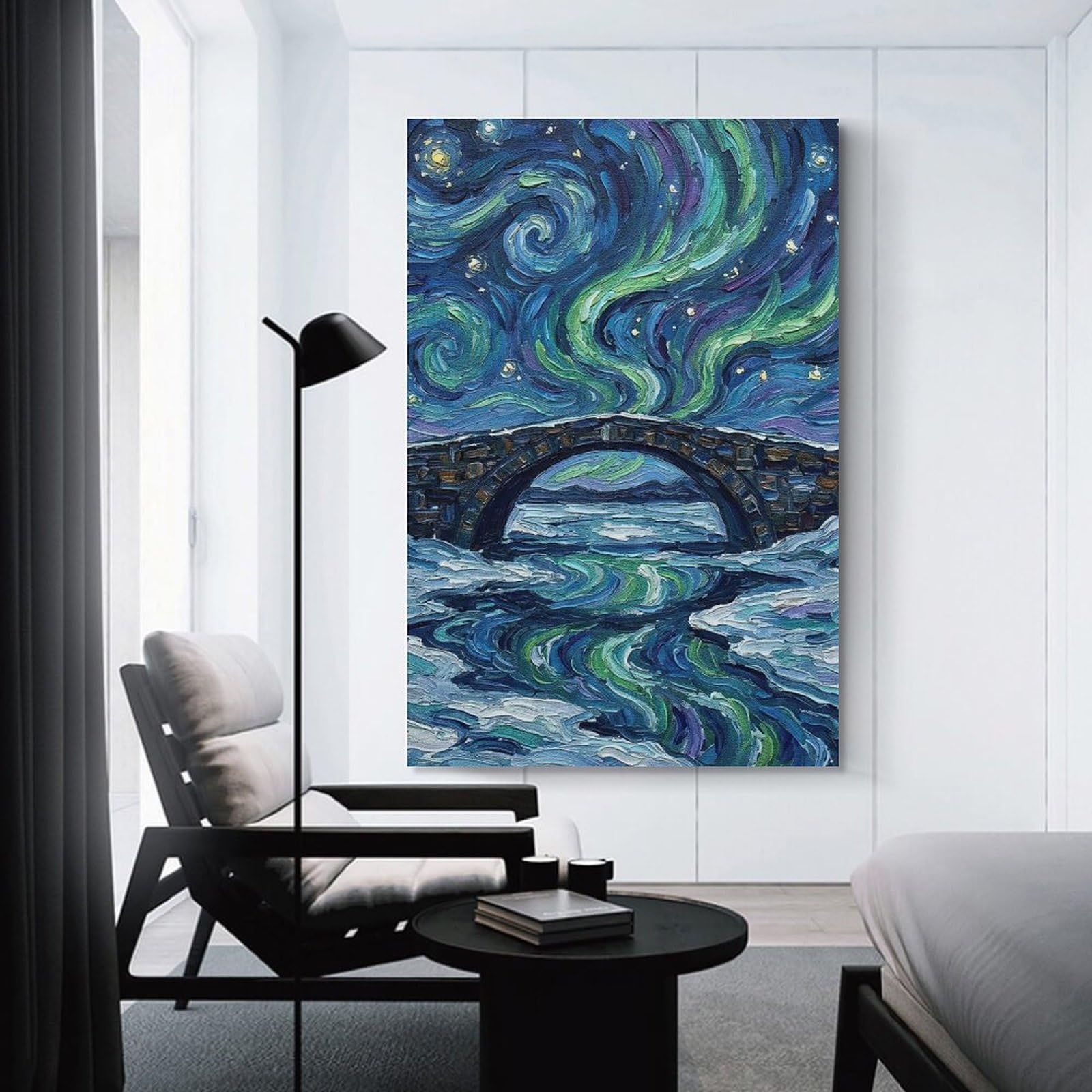 Junmoney Room Decor Wall Art Aurora Borealis over Stone Bridge Painting, 08x12inch(20x30cm), for Home Office, Desk Area Or Studio, An Interior Accent for Desk Areas