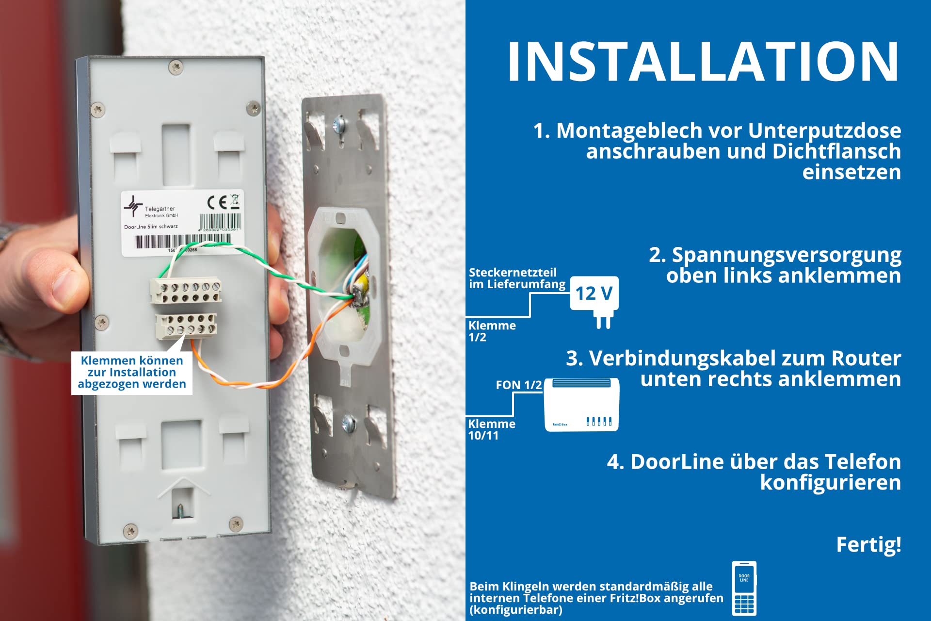 Telegärtner Elektronik 150700 DoorLine Slim Stacja do drzwi. Sprawia, że system TK staje się domofonem, możliwość rozszerzenia do wideodomofonu, 230 V, biały, 220 x 85 x 21 mm