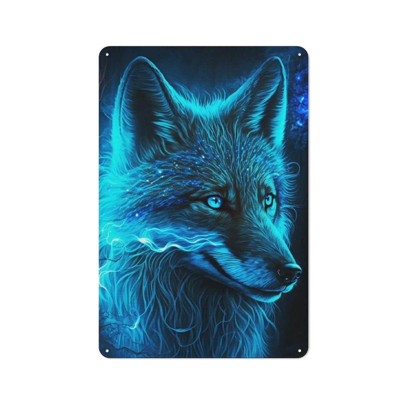 Junmoney Blue Wolf Mystical Aura Rustic Tin Sign 30X20cm For Living Room Or Hallway, A Metal Wall Feature For Living Rooms And Hallways