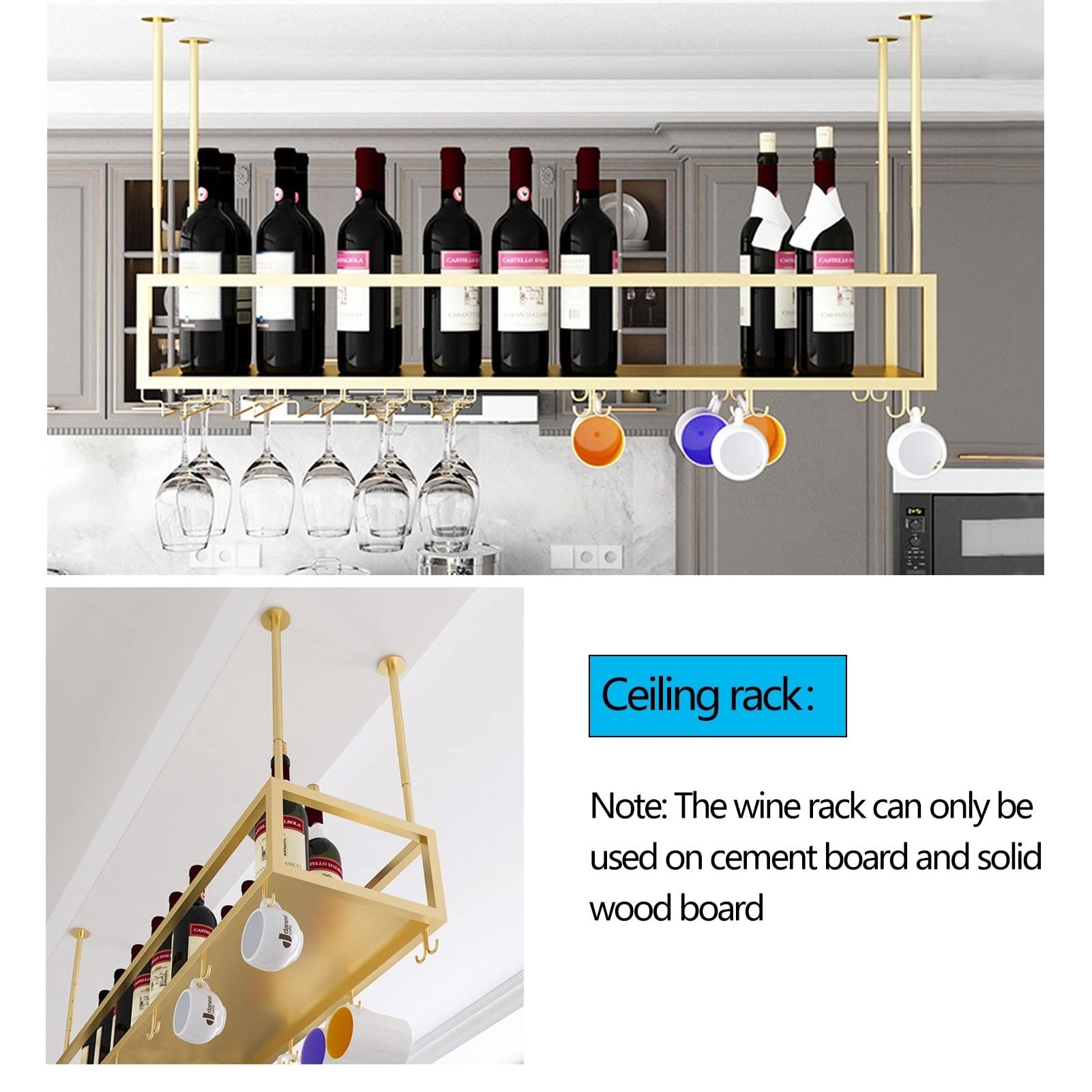 Botellero bajo Armario, Soporte para Copas de Vino, Soporte para Copas de Vino Boca Abajo, Soporte para Copas de Vino, botellero de Techo, Organizador de Almacenamiento de Vasos pa
