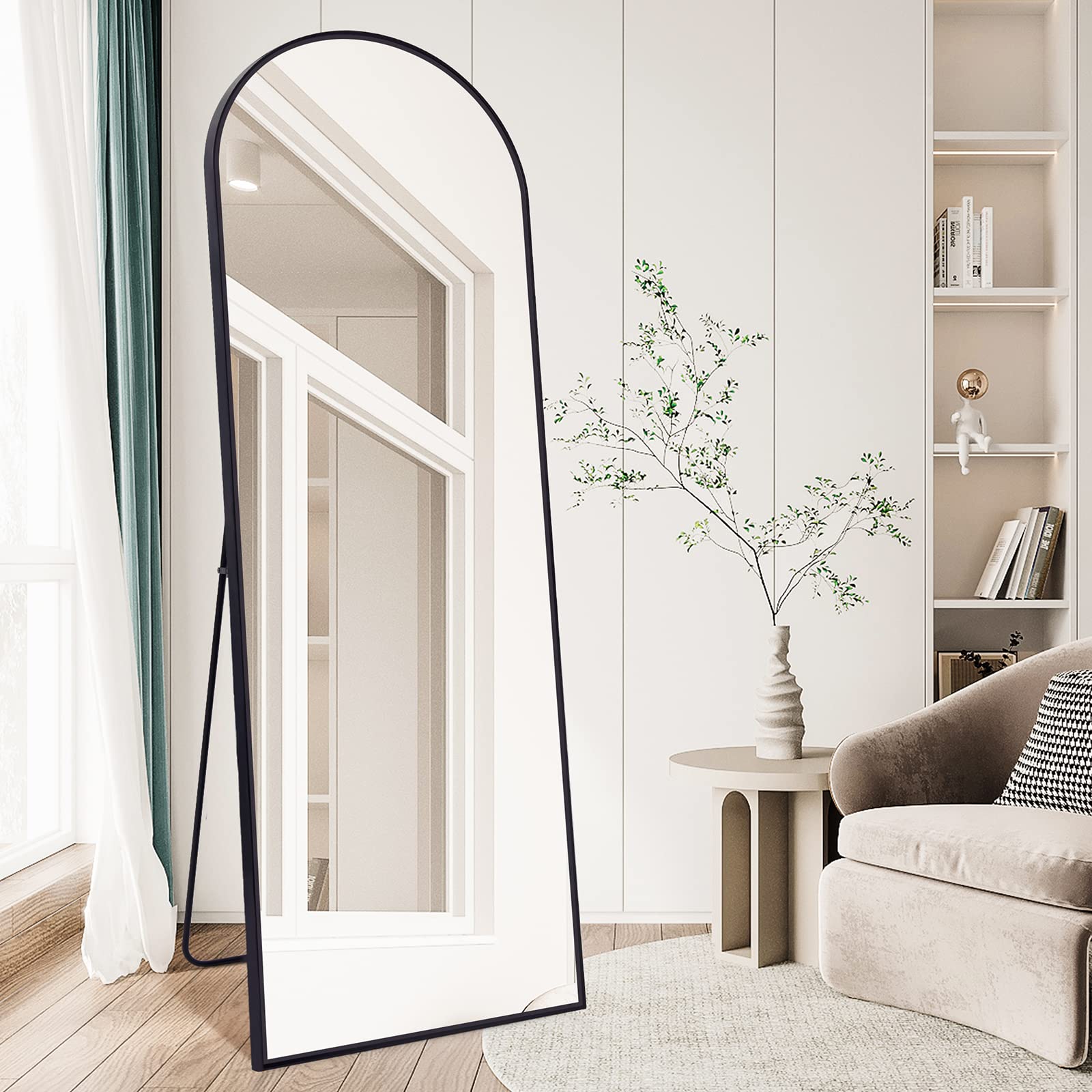 KOCUUY Arched Full Length Mirror, 64”x21” Floor Length Mirror, Black Full Body Mirror Bedroom