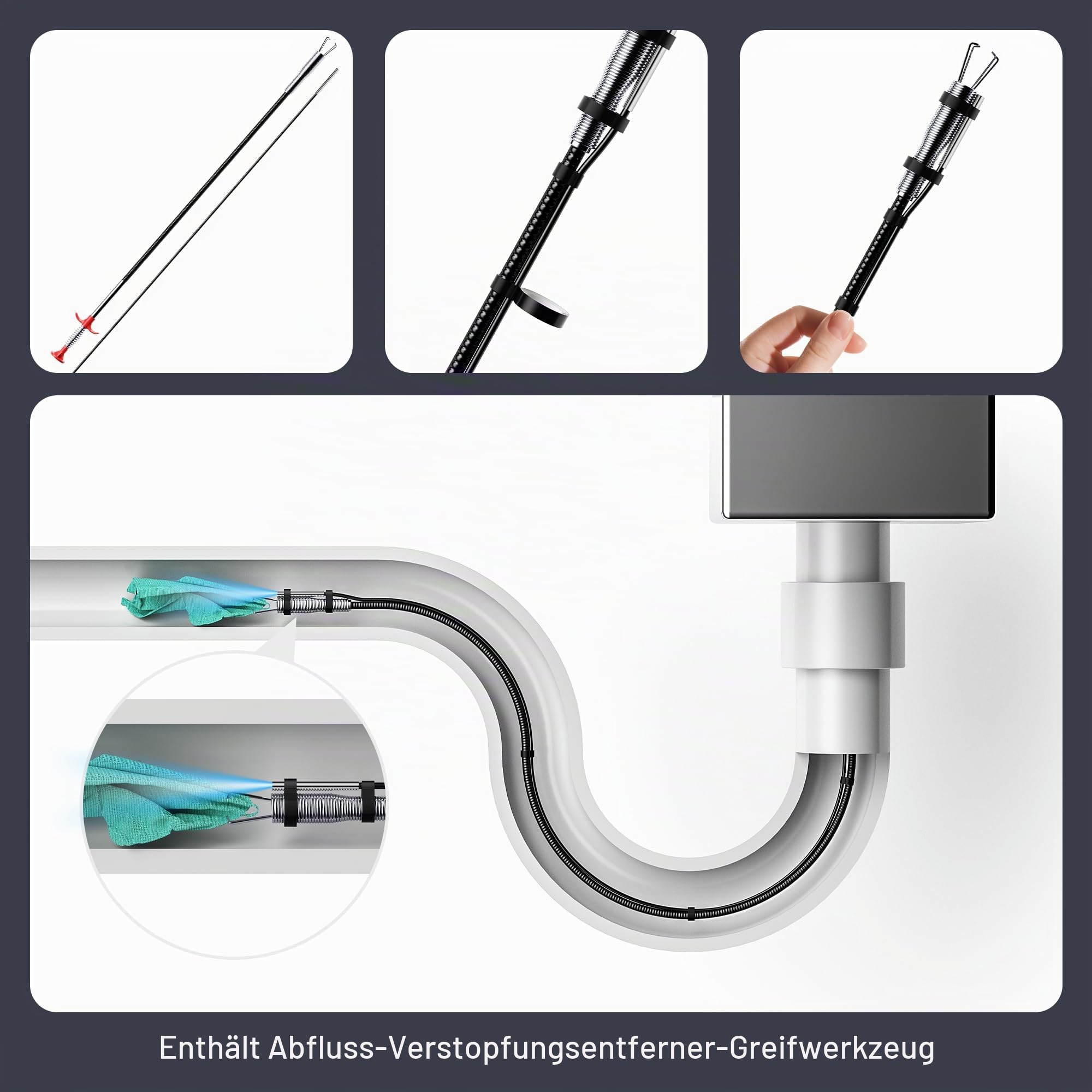 Endoskopkamera mit Litch 3.9mm, USB-austauschbar, mit Rohrreinigungskralle | 4,3" IPS 1080P HD Boreskop. IP67 wasserdicht, 5M Kabel, 1M Rohrreinigungskralle inklusive. Modulares USB-System, Tragetasche.