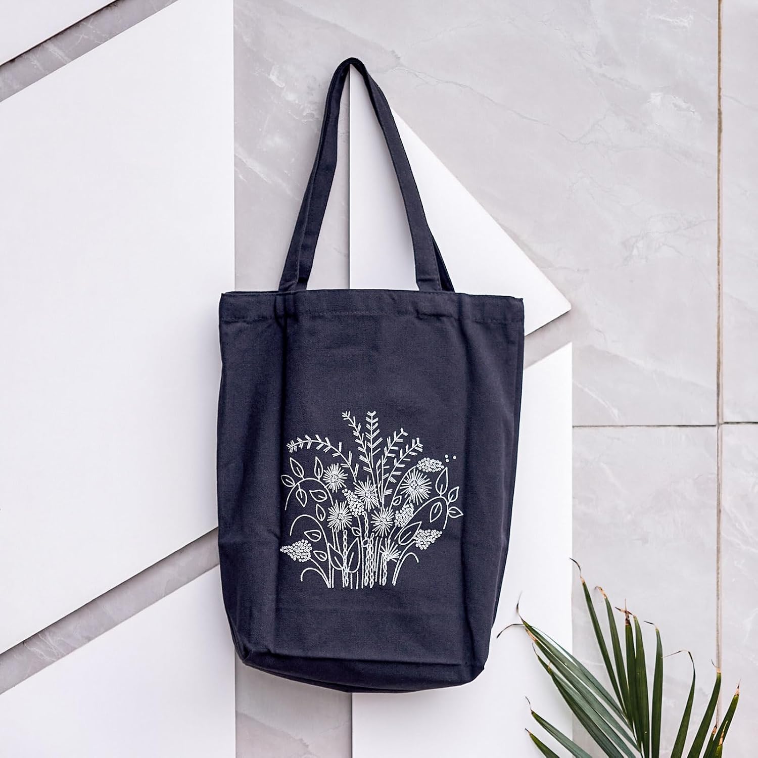 Craftdady Canvas Tote Bag Embroidery Kit Black Canvas Bag with Flower Patterns Instructions Embroidery Bag Embroidery Hoops Color Threads and Tool for DIY Beginners
