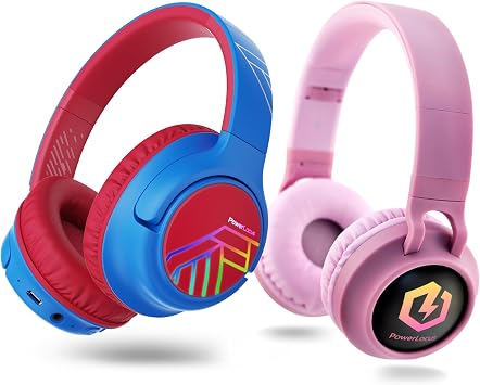PowerLocus Bobo Kids Headphones Red with Buddy Kids Headphones Pink