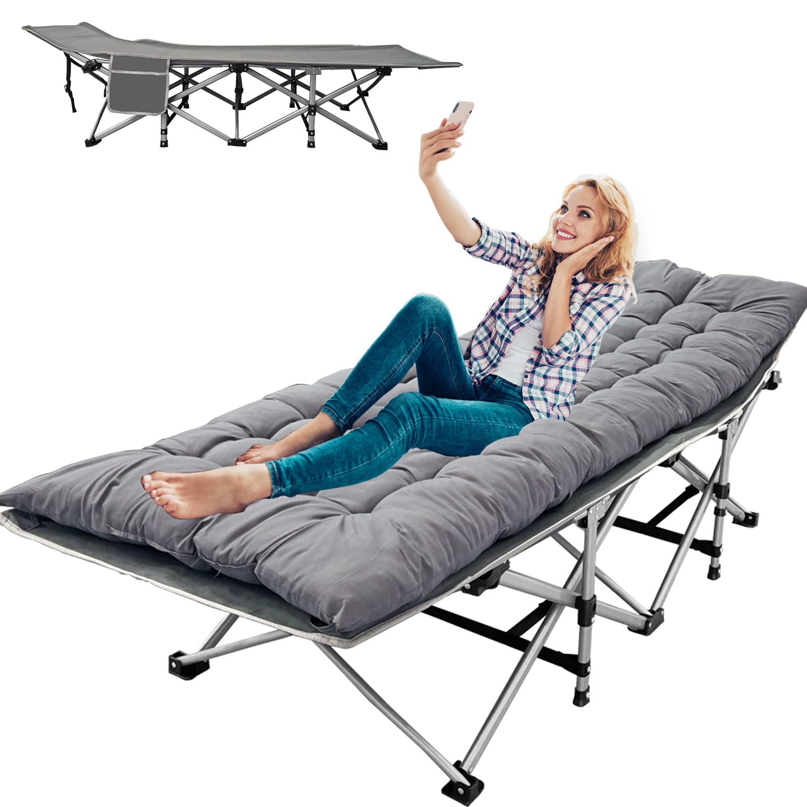 PRIJESSE Camping Cot, Upgraded Portable Folding Outdoor Bed, Extra Wide and Thick Adult Mattress, Lounge Chair, Outdoor Camping/Office, Home Napping