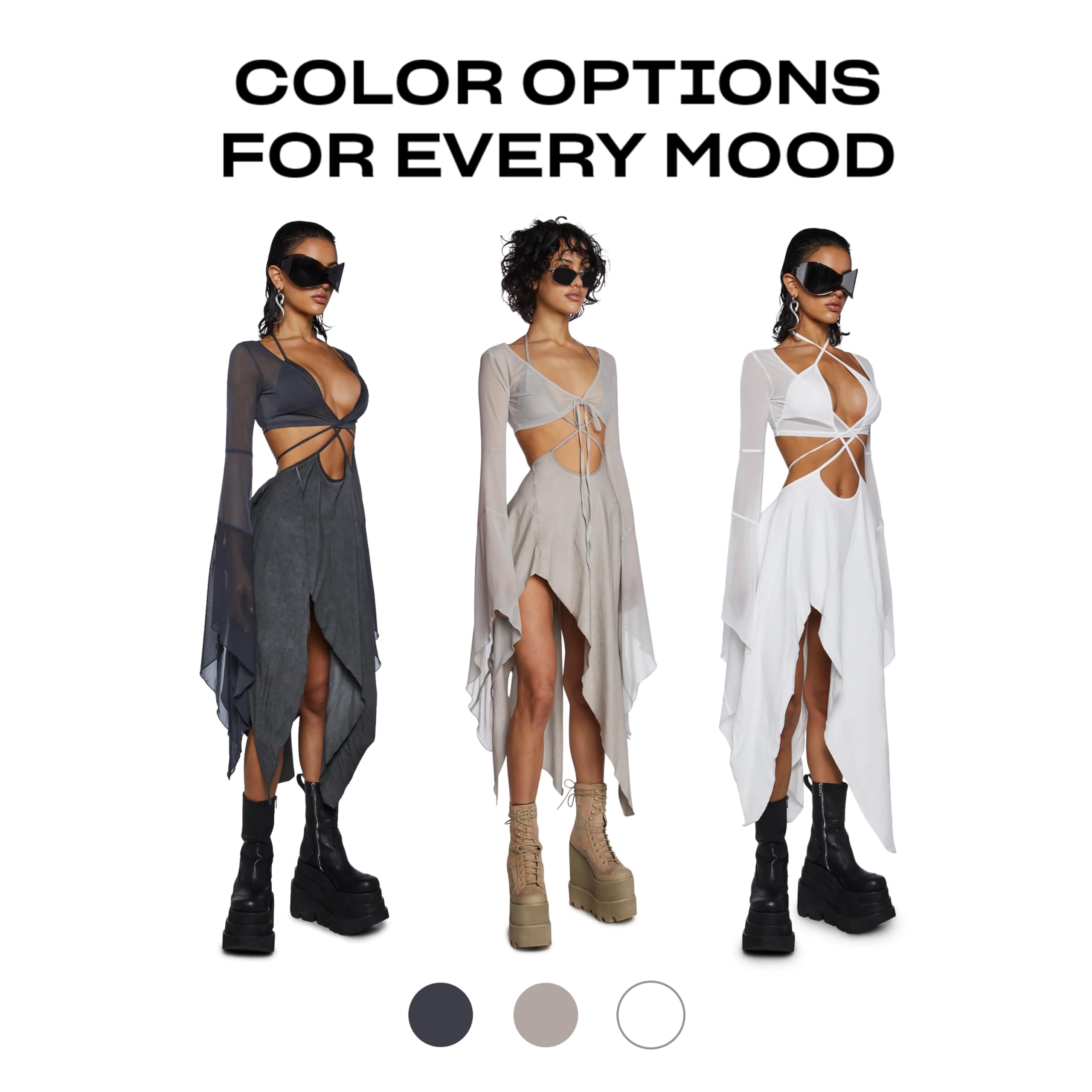 Dolls Kill Echo Asymmetrical Mesh Wrap Dress by Darker WAVS – Semi-Sheer Chiffon and Jersey Dress with Bell Sleeves
