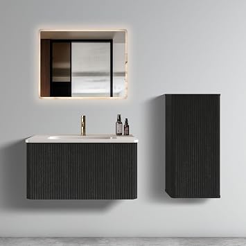 SSLine 30" Wall-Mount Bathroom Vanity with Sink and Side Storage Cabinet Single Bathroom Vanity Set with White Ceramic Basin Modern Striped Black Floating Vanity Sink Cabinet for Small Space