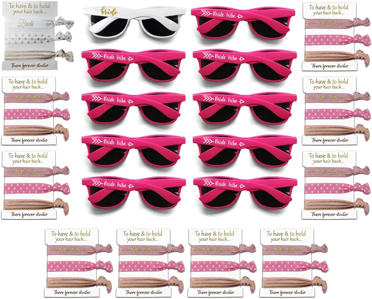 Pink Bachelorette Party Favors - Bride Tribe Sunglasses & Bridesmaid Hair Ties & Bride for Wedding