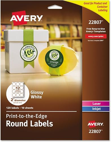 Avery 2" Glossy White Round Labels, Sure Feed, Full Bleed -Print to the Edge, 120 Thank You Labels (22807)