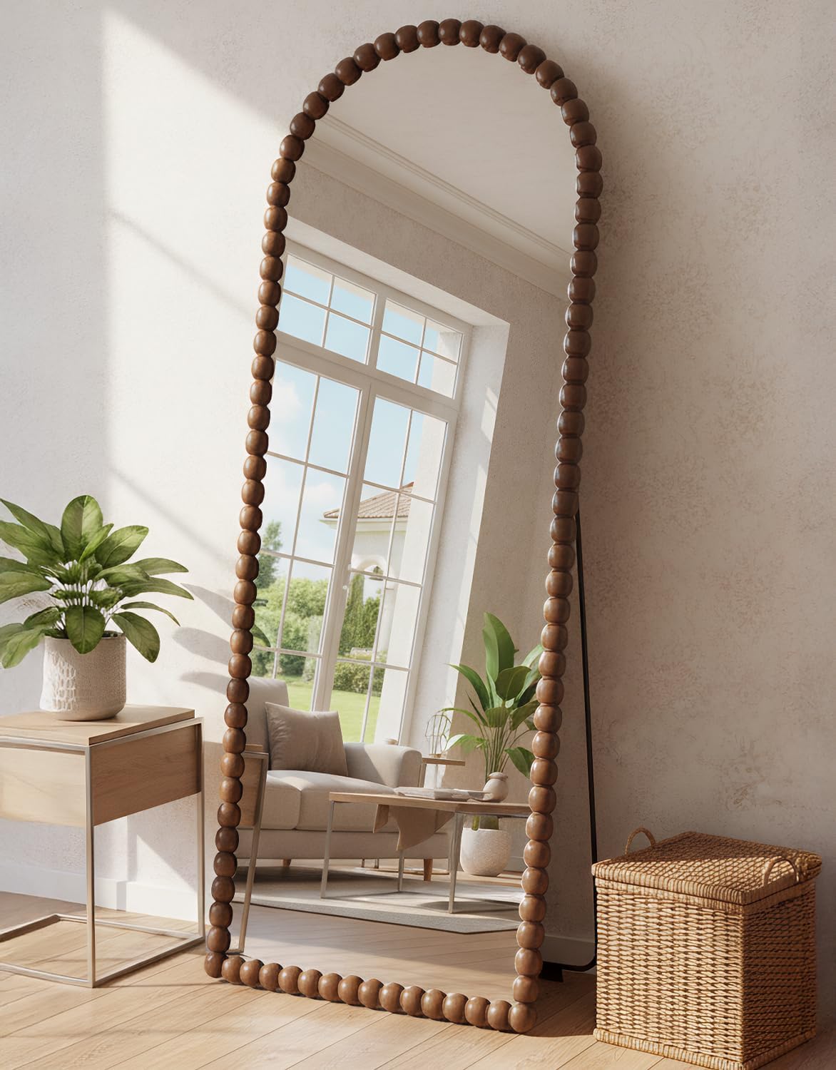 Antok 145x55 cm Ganzkörperspiegel Standspiegel - Arch Gerader Winkel Spiegel mit HD Glas BogenSpiegel für Wohnzimmer Schlafzimmer, Hellbraun