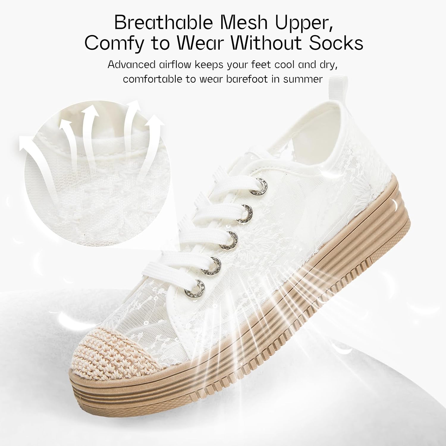 Shupua Womens Flats Mesh Slip on Shoes Breathable Lace Platform Sneakers Espadrilles Women Loafers Dressy Casual Shoes Comfortable Walking Shoes for Office, Work, Dress