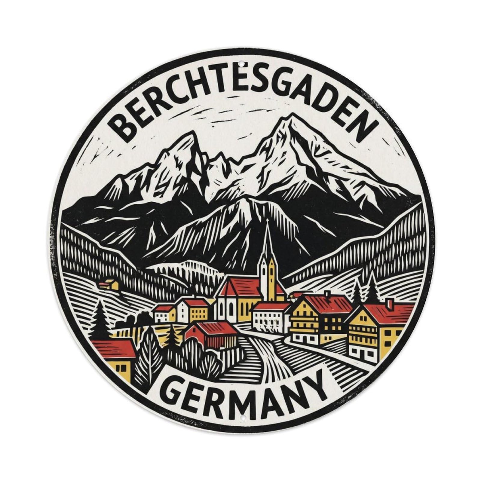 Berchtesgaden Germany Alpine Valley Vintage Mountain Travel Metal Tin Sign Plaque Wall Decor for Cafe, Man Cave, Club Bar, Office, Home Garden Round Metal Poster 8x8Inch