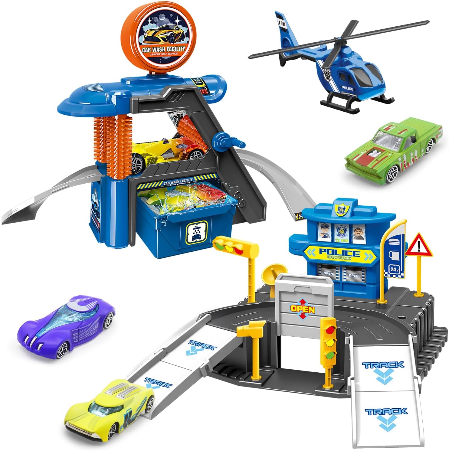 Fistone Kids Parking & Car Wash Playset – Includes Play Mat and 3 Color-Changing Cars – Fun Racing & Car Wash Toy for Children