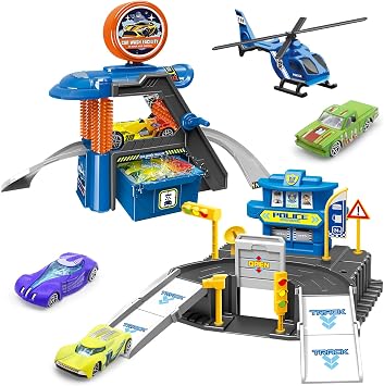 Fistone Kids Parking & Car Wash Playset Includes Play Mat and 3 Color-Changing Cars Fun Racing & Car Wash Toy for Children