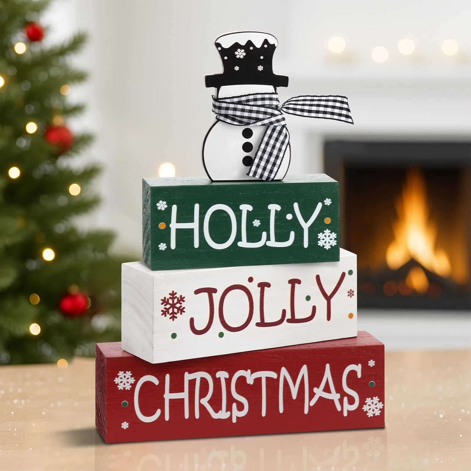 Christmas Table Decorations, Snowman Christmas Wooden Tiered Tray Decor, Farmhouse Holiday Tabletop Decor for Kitchen, Shelf, Mantel, Fireplace, Office, Gift Exchange