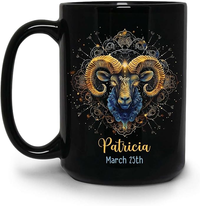 Elegant Aries Zodiac Coffee Mug, Personalized Astrology Black Cup, Customized Name & Date Aries Horoscope Cup, Custom Zodiac Themed Mug, Birthday Cup Gift, Ceramic Mug 15oz