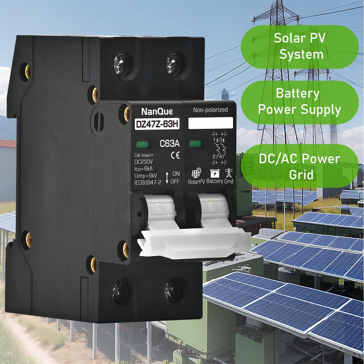 DC36V to DC250V 16/20/25/32/40/50/63 Amp Circuit Breaker Solar Photovoltaic PV Battery Protector AC DC Short-Circuit Overload Current Automatic Cut-Off 6kA No Fire Black Color DIN Rail Install (16A)