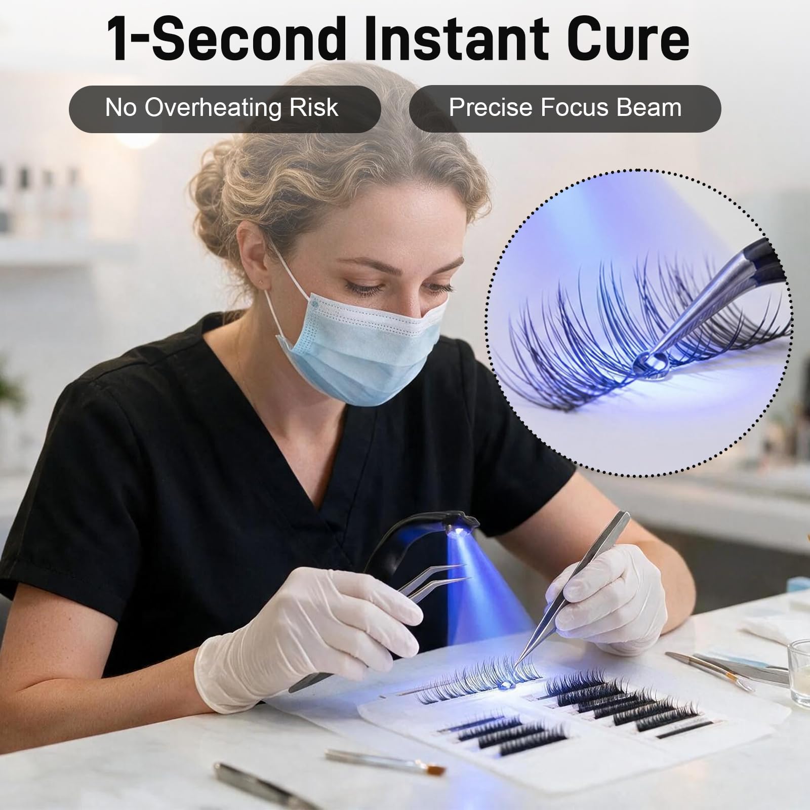 Lampada per Ciglia, Lampada UV 1 W con Pedale per Polimerizzazione UV | Lampada per Extension Ciglia con 2 Strisce Luminose Flessibili e Pinzetta per Colla per Ciglia Smalto per Unghie e Gel UV