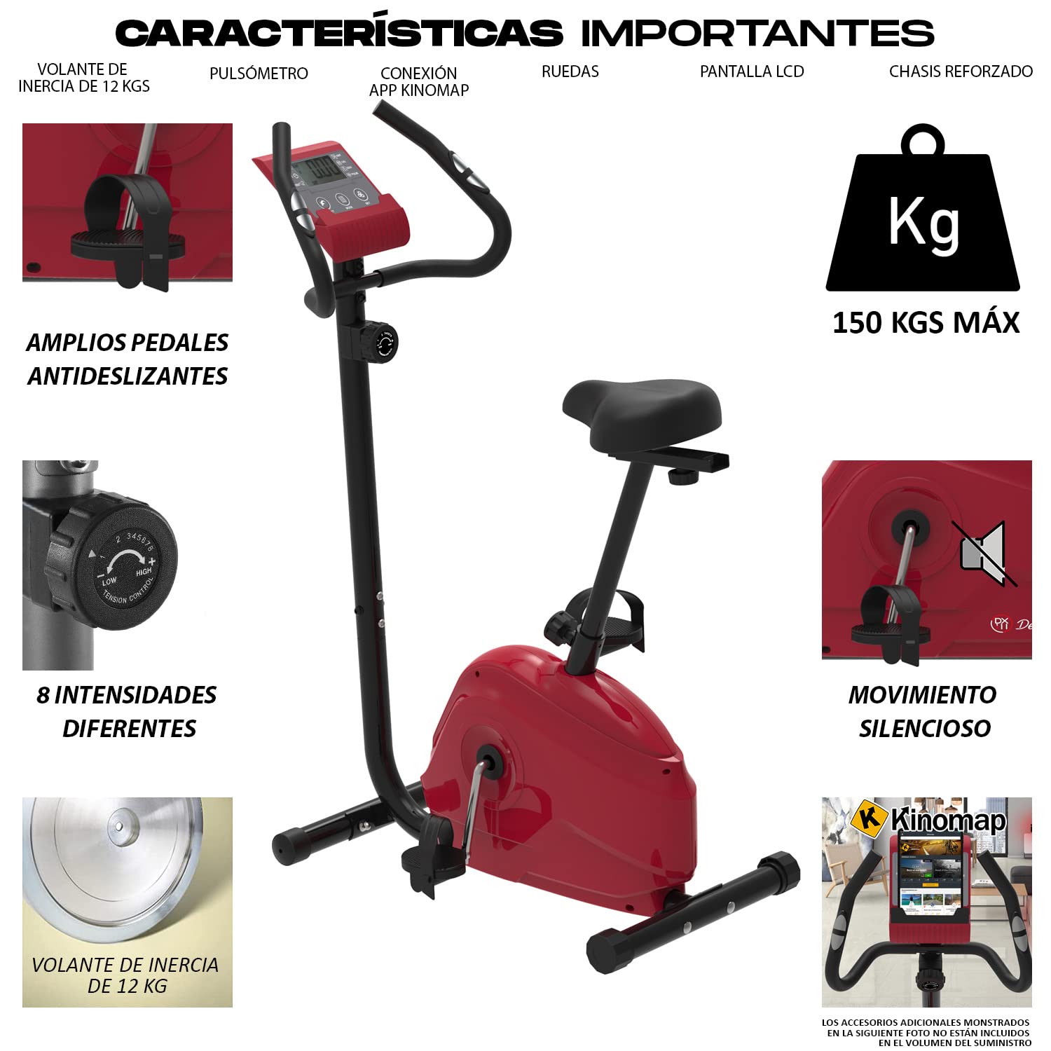 Bicicleta estática - 8 intensidades diferentes - Conexión app Kinomap - Chasis Reforzado Soporta hasta 150kgs - Deporte en casa