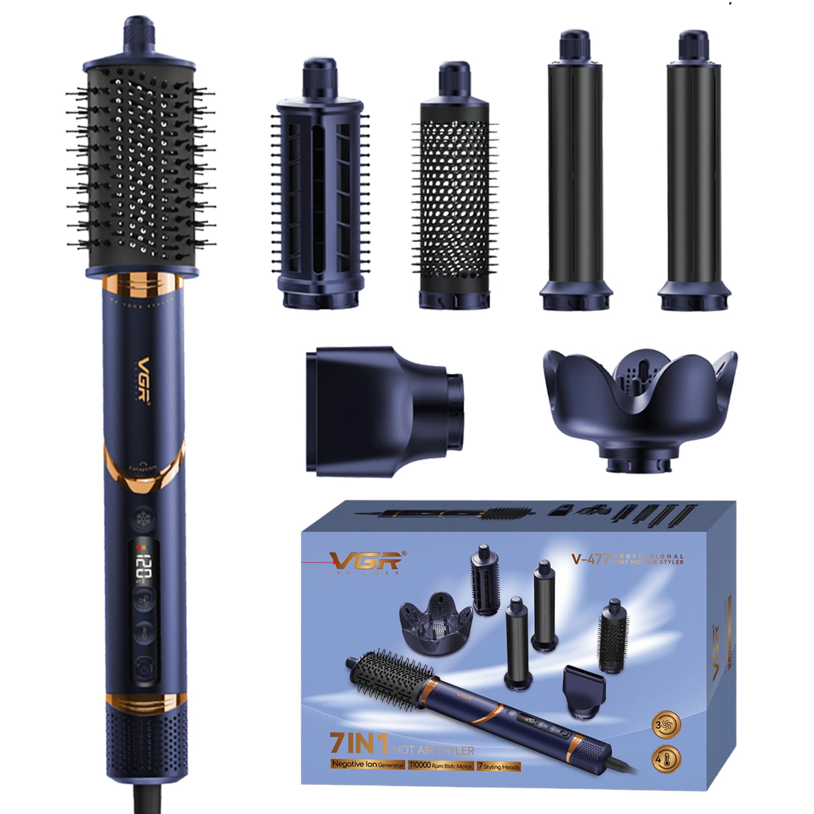 VGR 477 7 in 1 Heißluft Multi-Styler mit LED Display, BLDC Motor 110000RPM, 4 Temperatur & 3 Geschwindigkeitsstufen, Ionentechnologie, 360° Drehkabel, 1200–1400W Haartrockner & Lockenstab Set, Blau