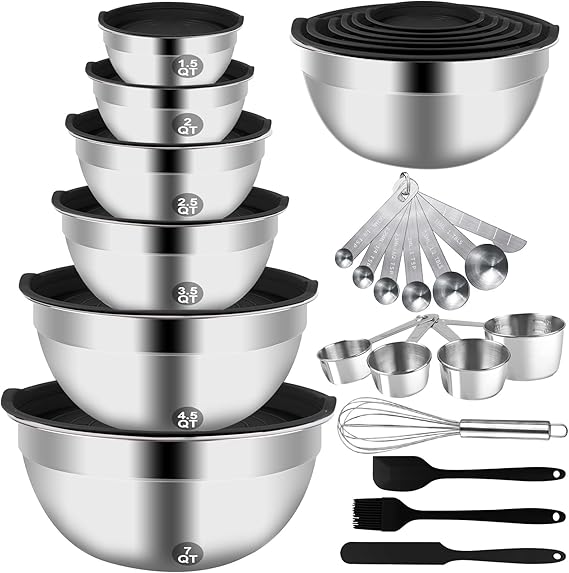 Mixing Bowls Set, 27PCS Stainless Steel Mixing Bowl with Lid Set, Large Nesting Bowls 7, 4.5, 3, 2.5, 2, 1.5QT, Measuring Cups and Spoons Baking Utensils Metal Bowl for Kitchen Prep