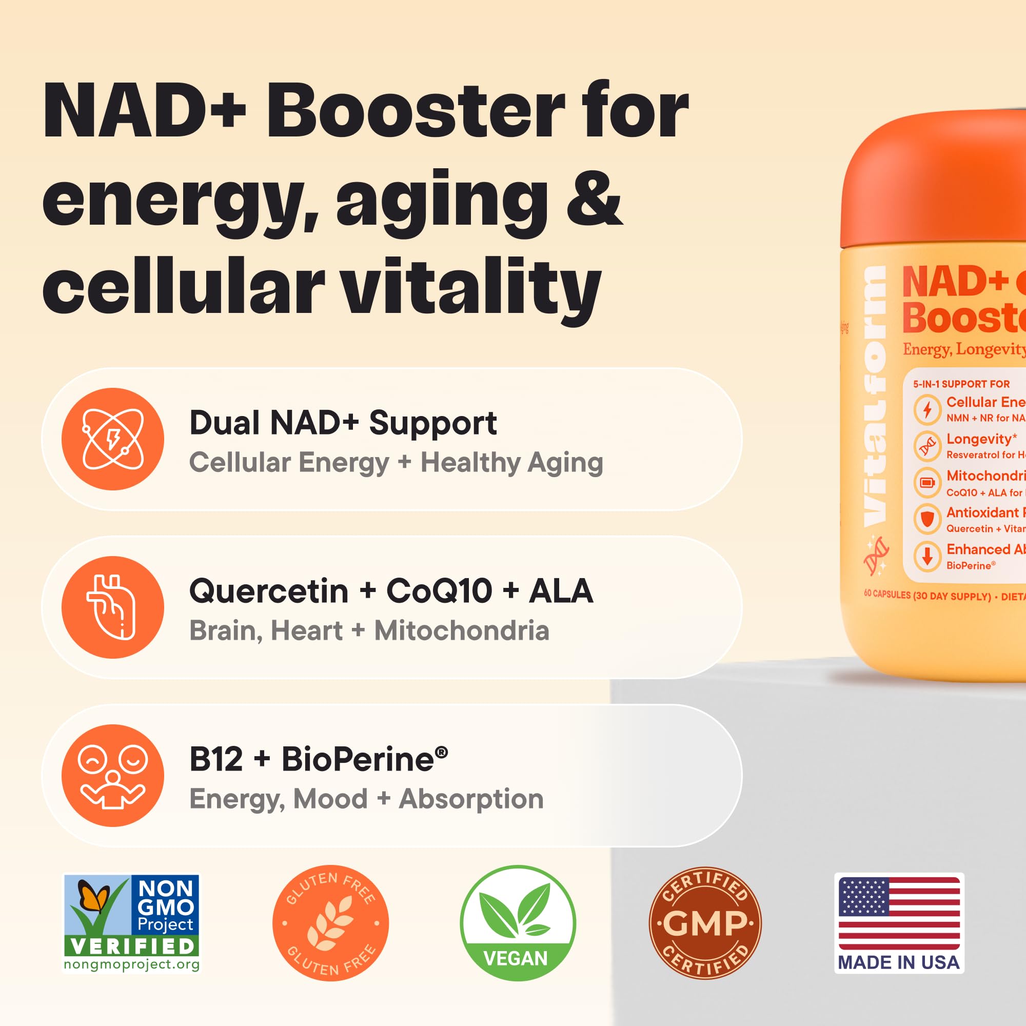 NAD+ Supplement with NMN & Nicotinamide Riboside (NR) – Advanced Cellular Energy & Healthy Aging Complex – with Resveratrol, CoQ10, Quercetin & BioPerine – 60 Vegan Capsules — Amazon image 2