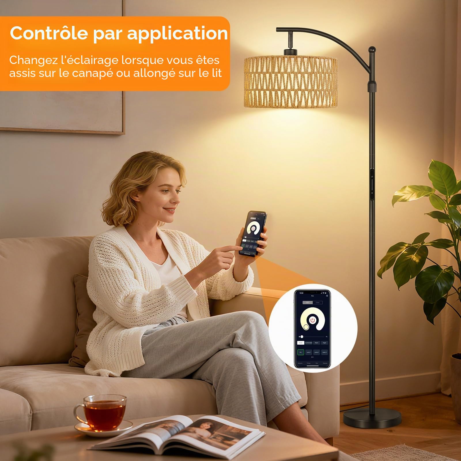 OUTON Lampadaire sur Pied en Rotin, Lampadaire Arc Boho avec App, Télécommande et Commande Tactile, 4 Températures de Couleur, 2 Abat-jours, 12W Lampadaires Vintage pour Salon, Chambre, Bureau, Noir