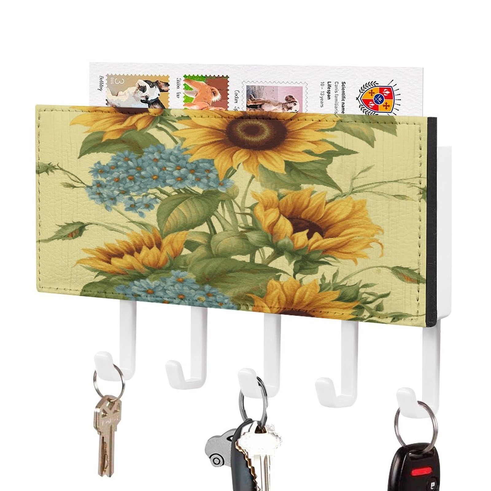 LDGSUPH Sunflowers Key Holder Wall Mount Key Hanger with 5 Hooks Fashion Key Organizer Rack Hanging Key Hooks with Mail Organizer Key Rack for Home Entryway Hallway White-Style