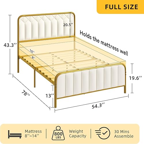 Miniatura 2 de DWVO Base de cama tapizada de tamaño matrimonial con cabecero, base de colchón de metal resistente de 14 pulgadas con listones de madera,