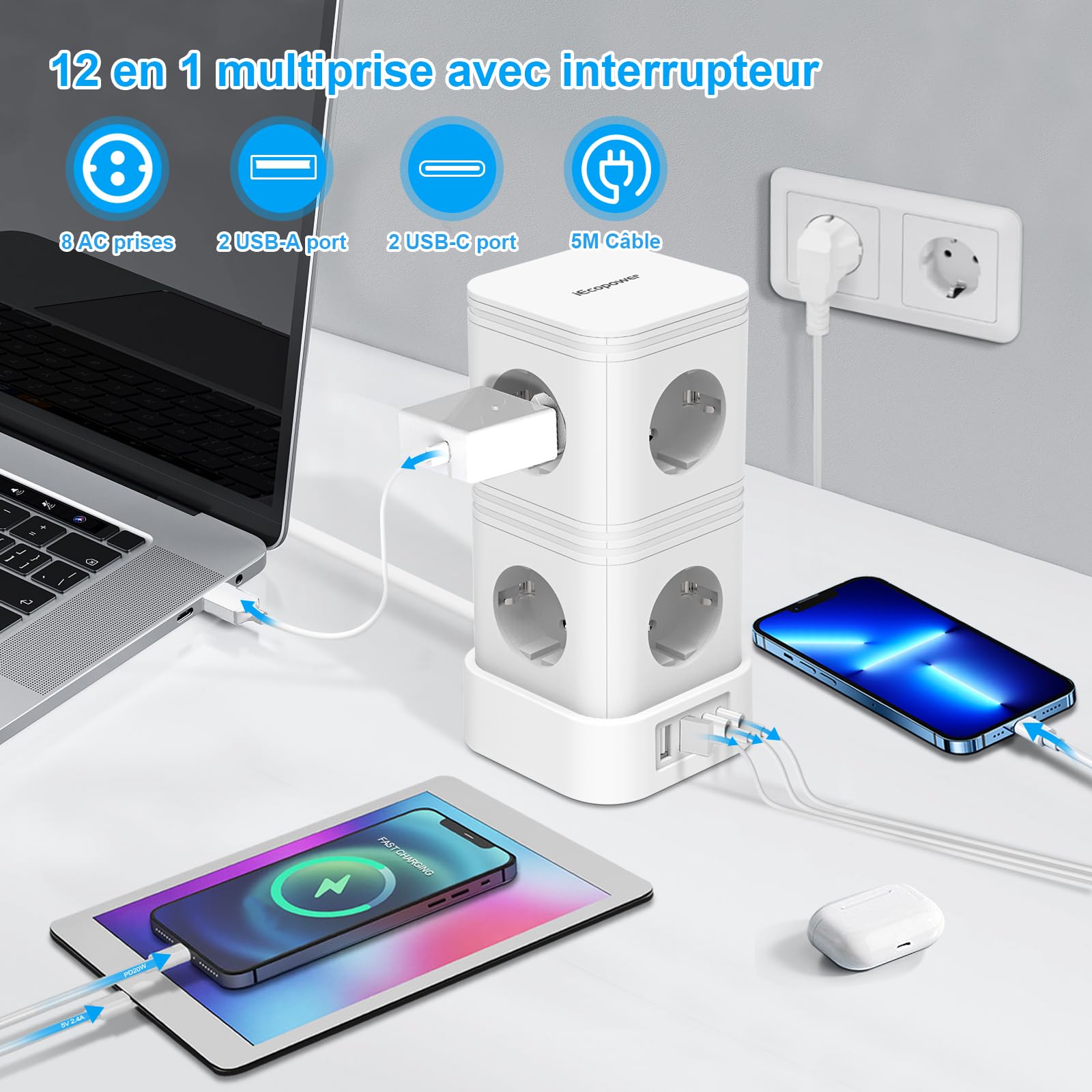 IECOPOWER Tour Multiprise avec Interrupteur,PD20W USB multiprise(2 USB-C Ports et 2 USB-A Ports),Multiprise parafoudre,4000W/16A,1050 J, rallonge Electrique 5m, Blanc