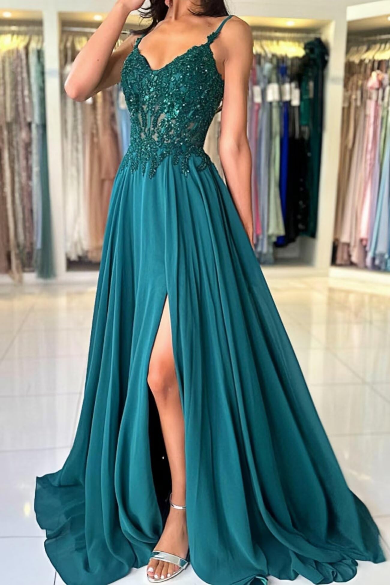Damen Chiffon Ballkleider Lang V-Ausschnitt Spitzenapplikationen Brautjungfernkleid mit Schlitz Spaghettiträger Perlen A-Linie Abendkleider