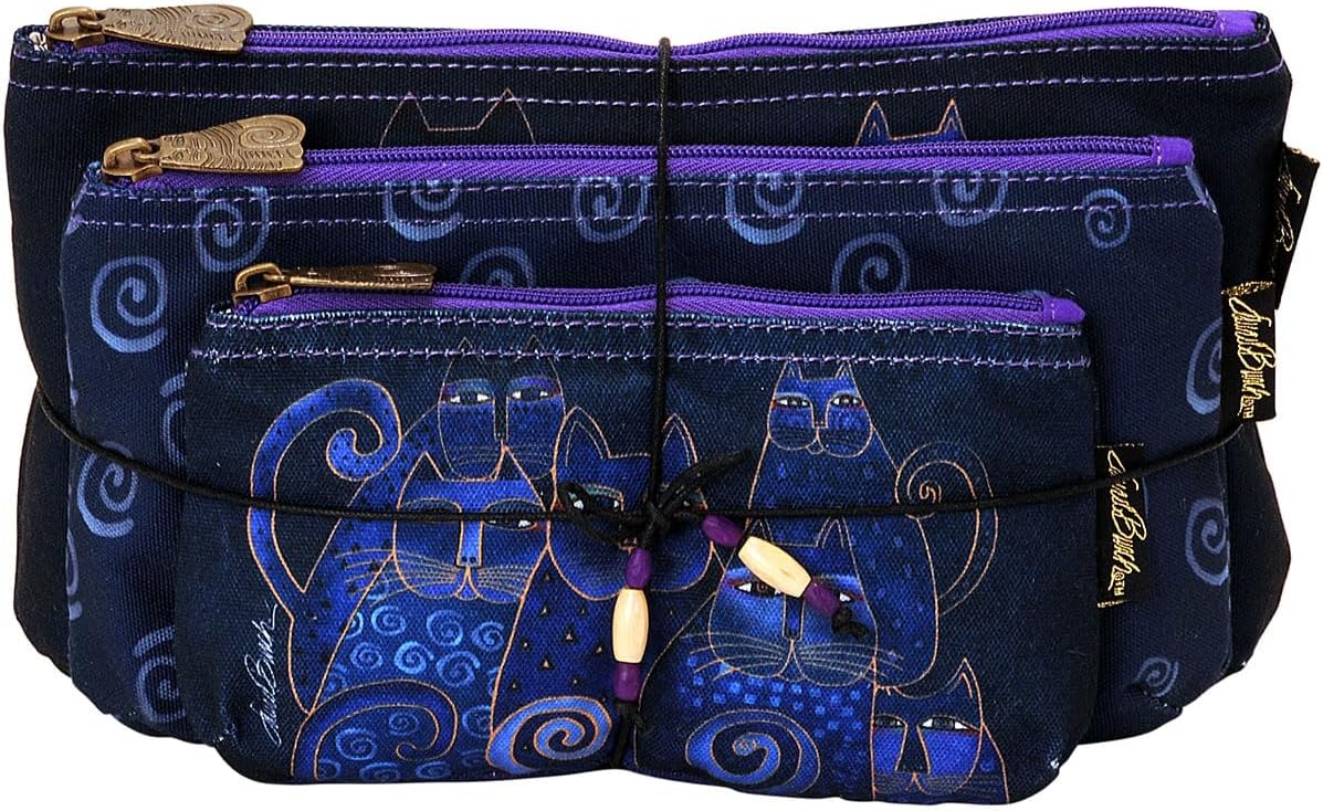 Zeckos Laurel Burch Cosmetic Bag, Indigo Cats, Set of 3, Cotton Blend, One Size