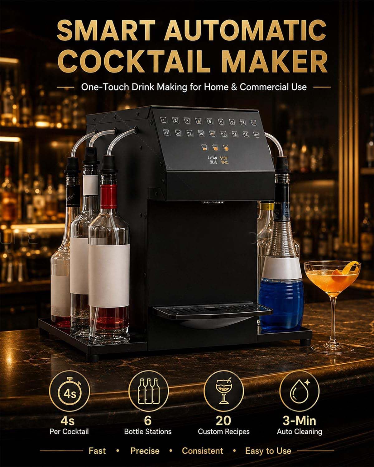 Kit para Preparar cócteles en un Bar, estación de cócteles Profesional automatizada con función de autolimpieza, máquina Inteligente para Preparar Bebidas con Capacidad para 6 Botellas de