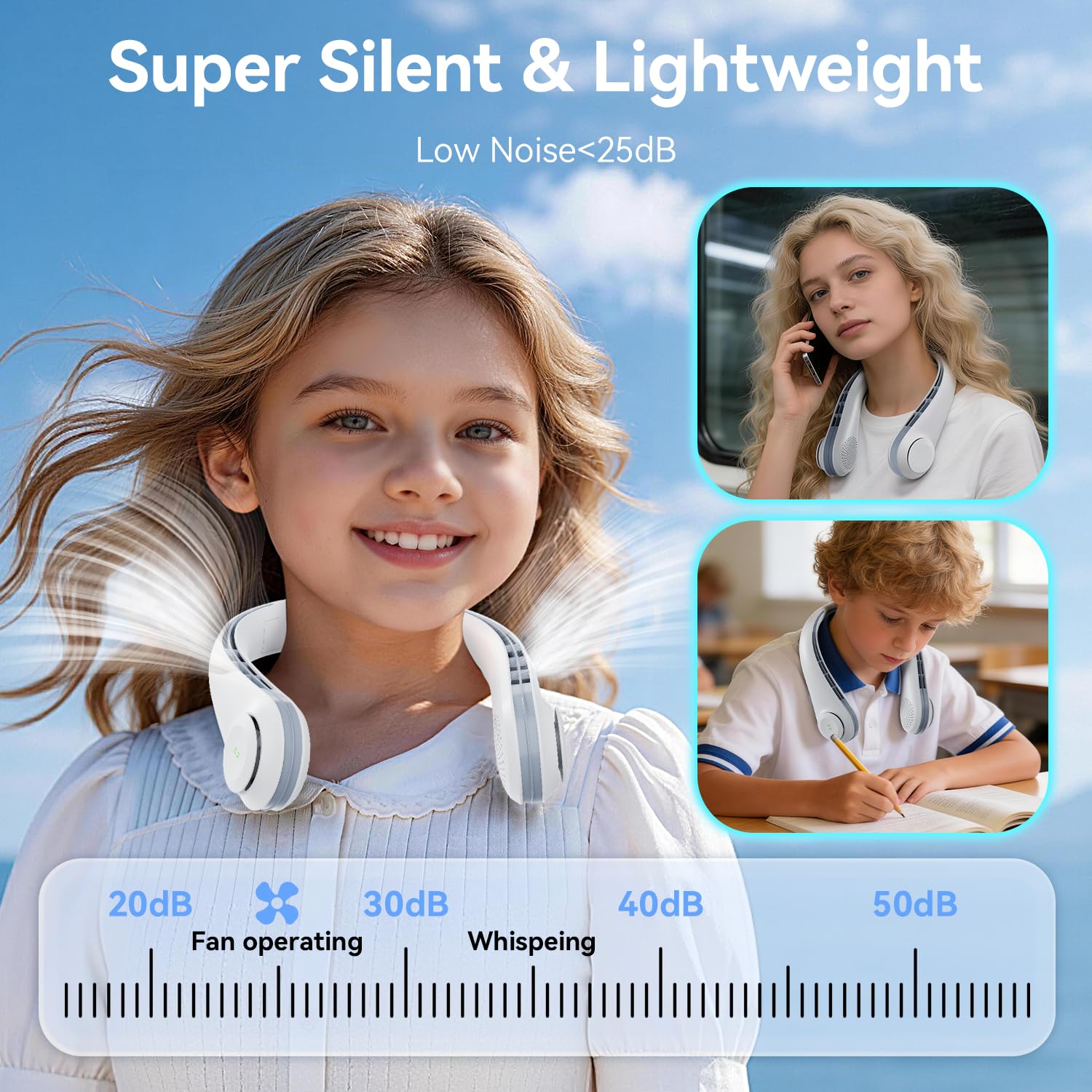 ACELIFE Ventilador de Cuello, 5000mAh Ventilador Cuello Portátil Silencioso USB Recargable Cuello de silicona suave ajustable con 3 Velocidades Para Deportes, Interior, Exterior